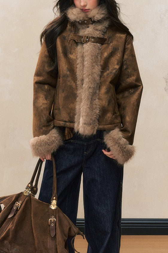 Brown Faux Fur Trim Wool Blend Coat