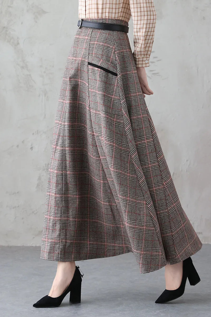 Plaid Wool Long Skirt - Retro Full Silhouette with Side Pockets 3837