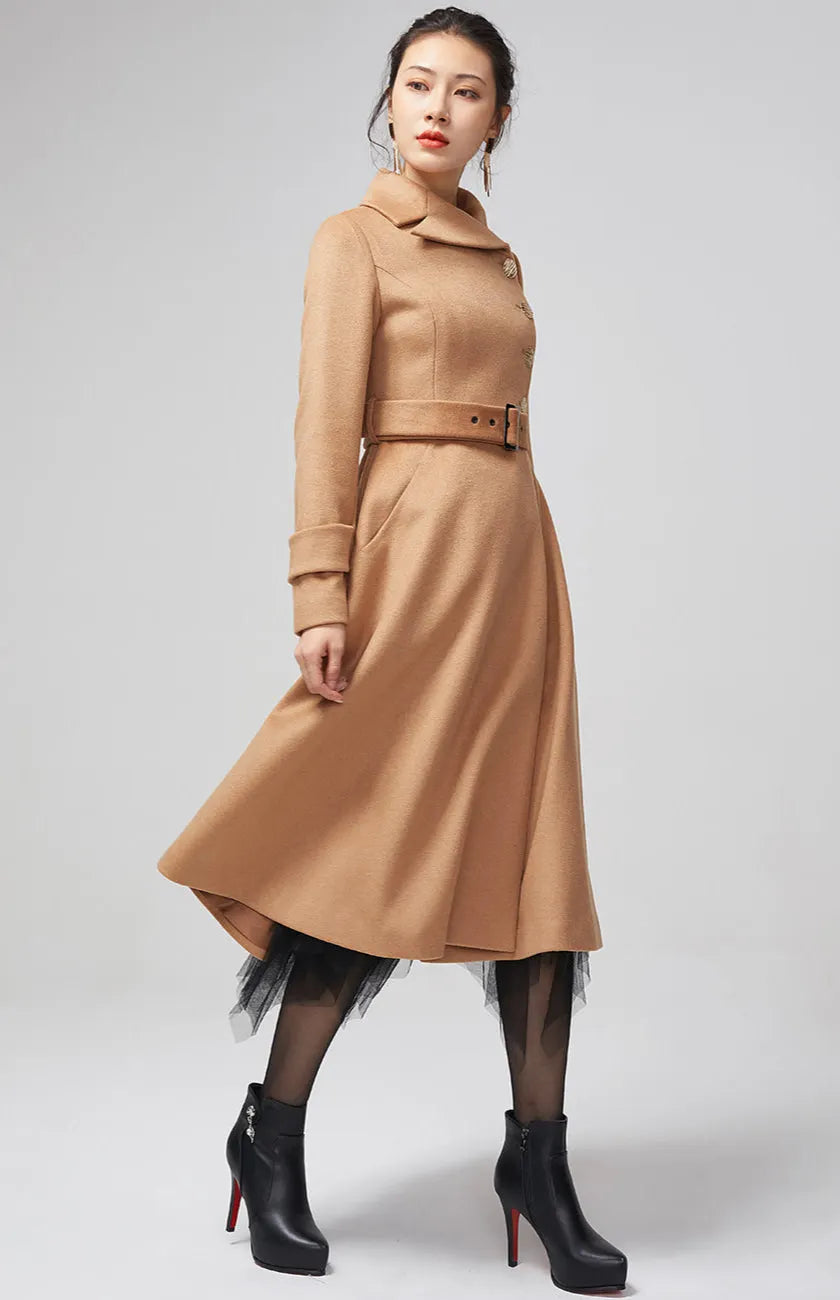 Camel Wool Blend Coat – Handmade Vintage Belted Winter Elegance 2204
