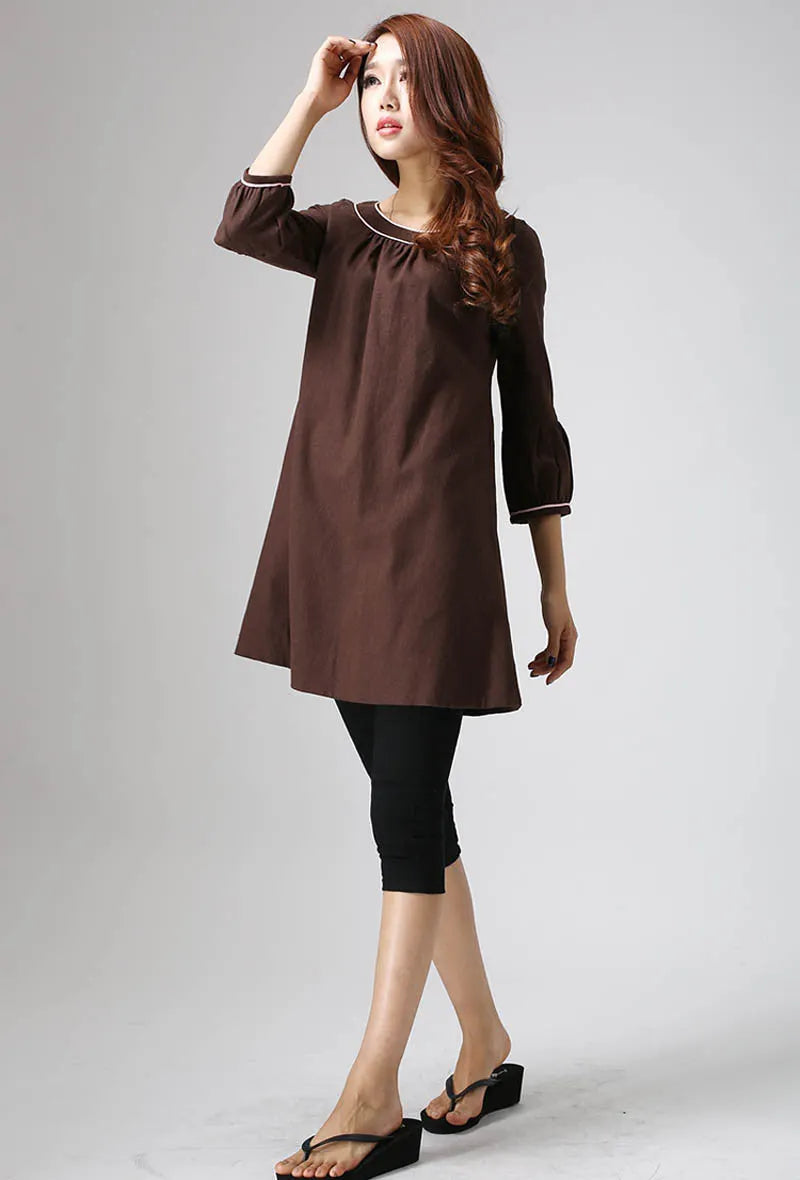 Handmade Brown Linen Tunic Dress – 3/4 Sleeve A-Line Mini Dress 