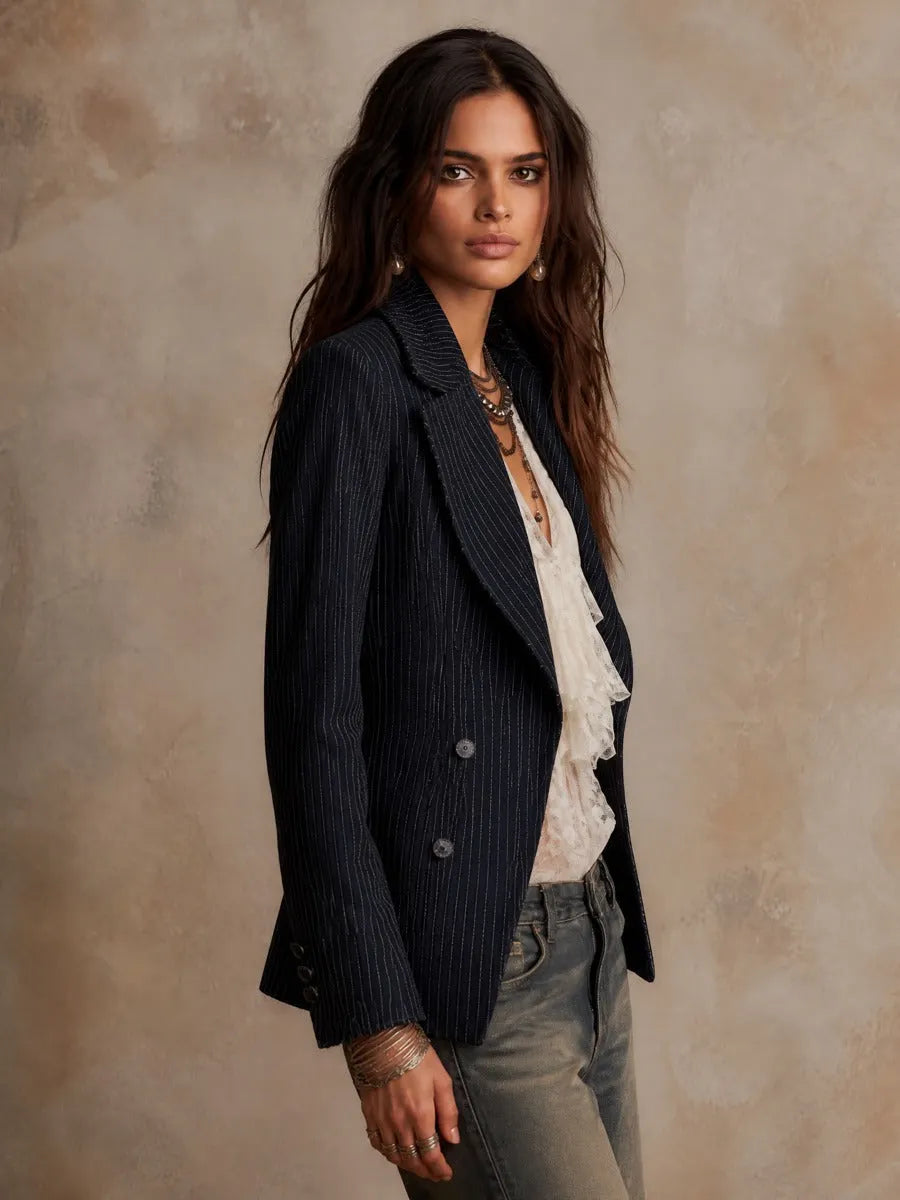 Vintage Denim Pinstripe Double-Breasted Blazer Jacket