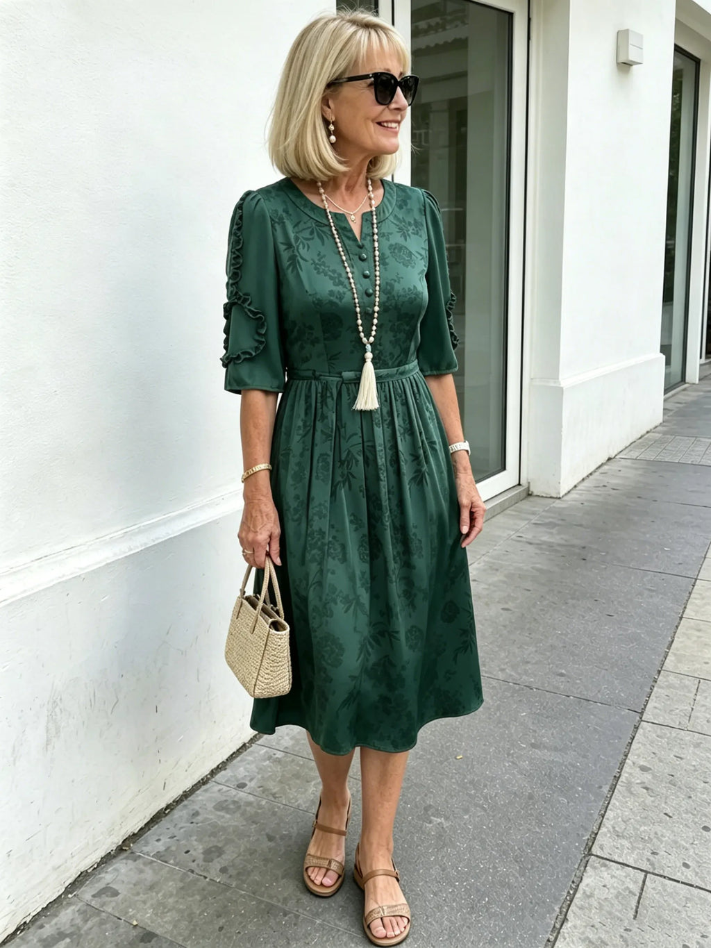 Coffee Brown Floral Print Midi Dress, Split Neck Button Front Ruffle 3/4 Sleeve Tie Waist Slimming Dress for Mature Wome