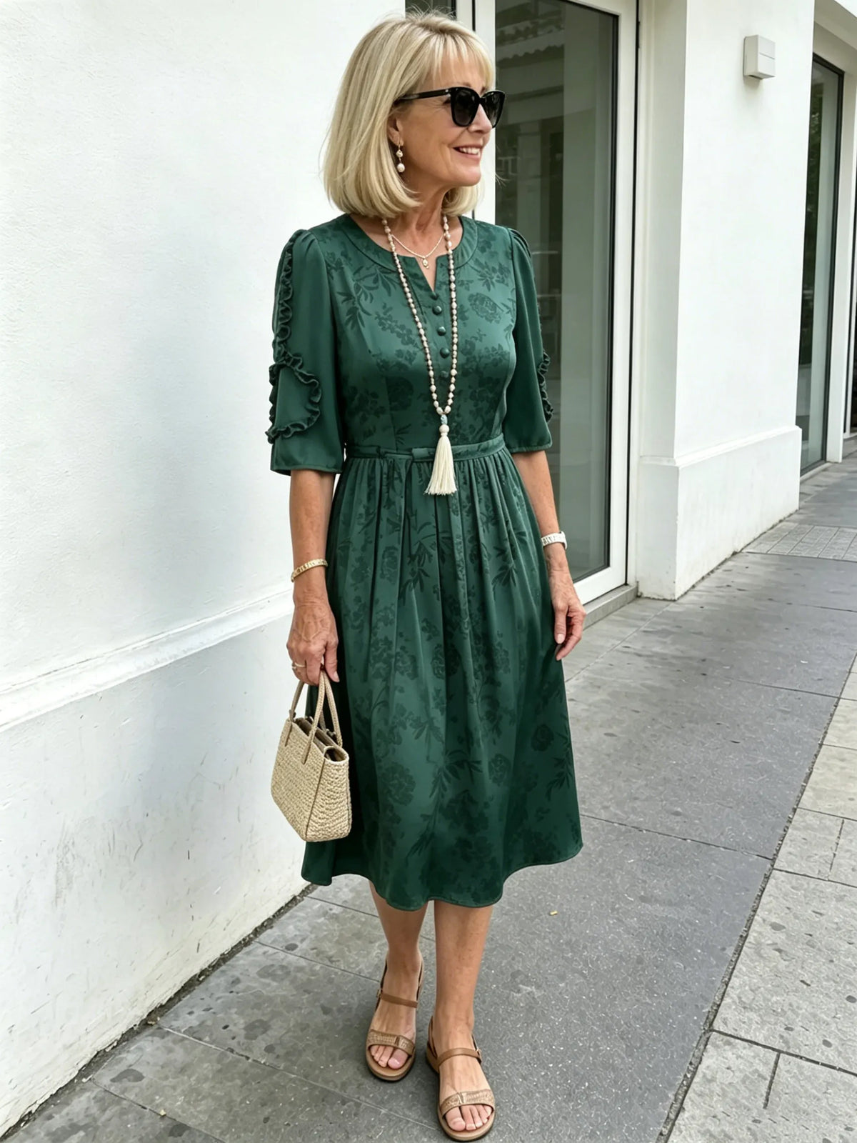 Coffee Brown Floral Print Midi Dress, Split Neck Button Front Ruffle 3/4 Sleeve Tie Waist Slimming Dress for Mature Wome
