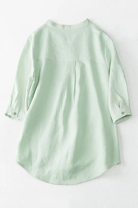 Light Green Linen V-Neck Top - Loose Fit with Pocket 3661
