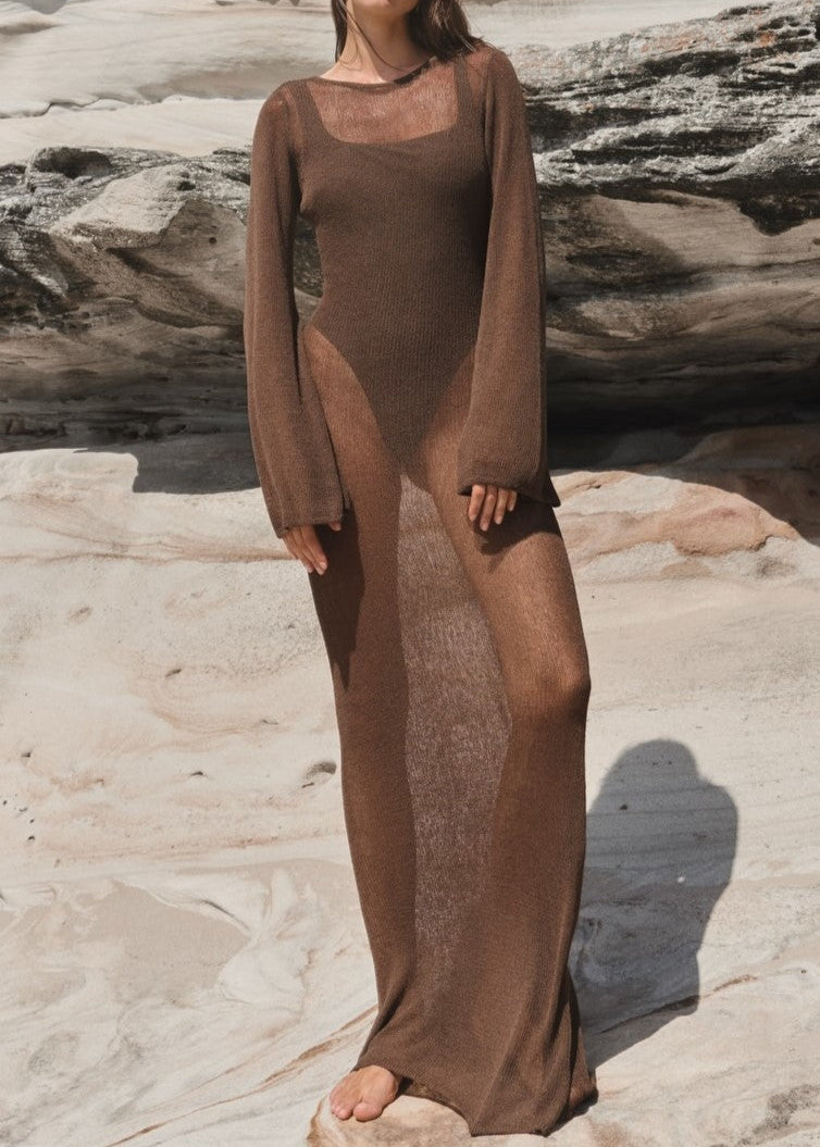 Sheer Knit Long Sleeve Maxi Dress
