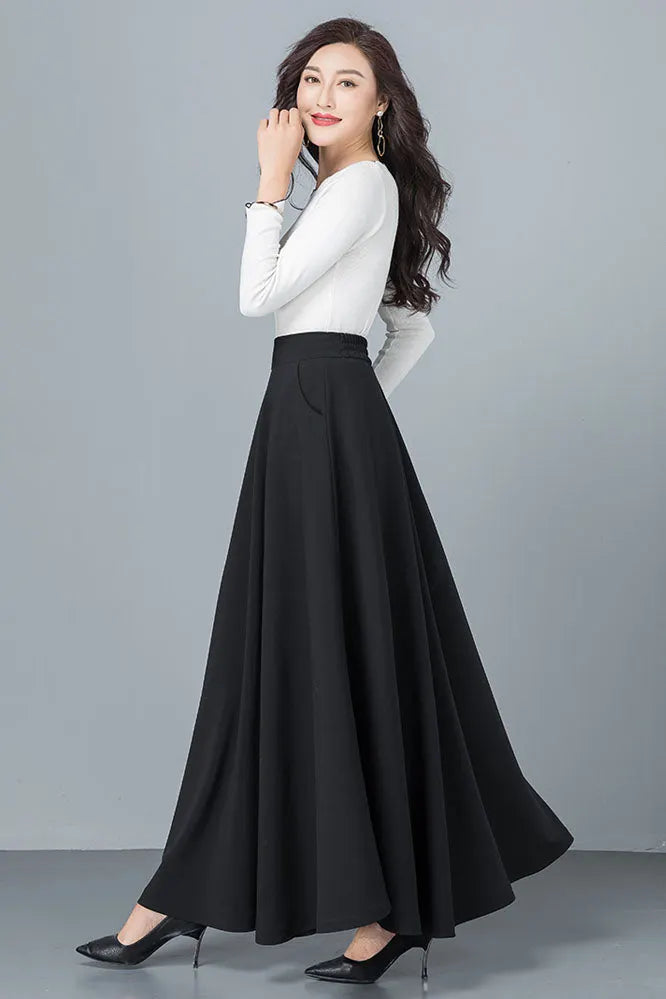Black Cotton Blend A-Line Long Skirt - Back Elastic Waist 4092