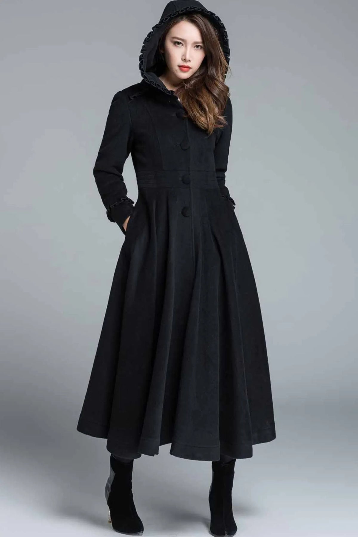 Black Wool Coat Maxi Dress - Hooded Fit and Flare Winter Overcoat 1649