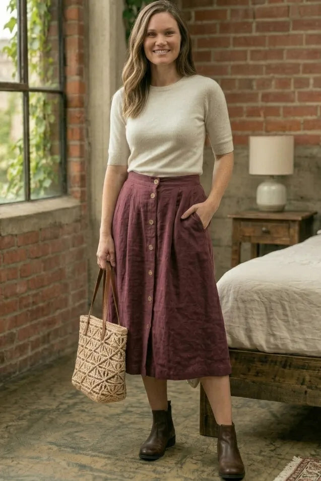 Wine Red Linen Midi Skirt - Button Front Fitted Waist 
