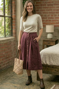 Wine Red Linen Midi Skirt - Button Front Fitted Waist 