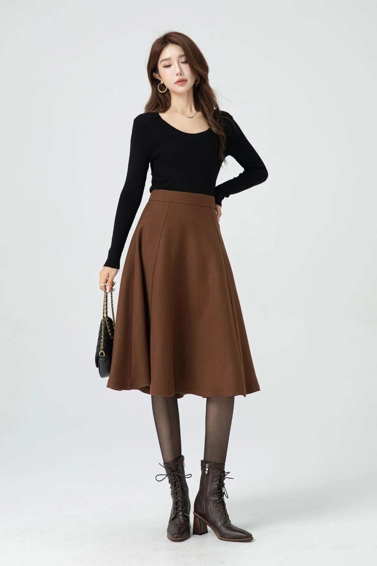 Brown Wool A-Line Skirt - Mid-Length Classic Winter Style 5316