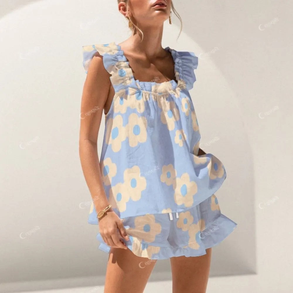 Colordate Yellow Floral Print Short Tank Top Shorts Pajama Set