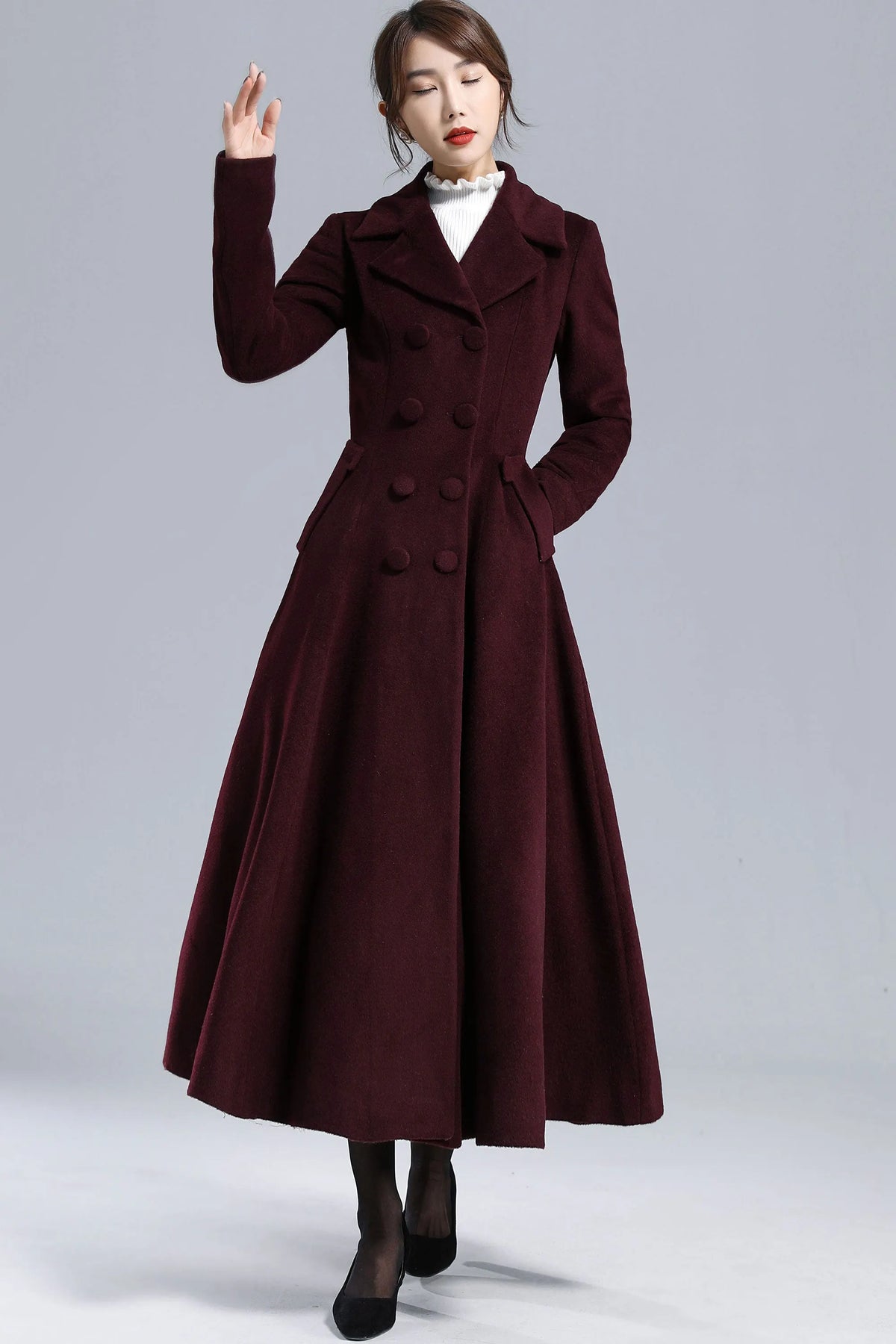 Burgundy Wool Swing Coat – Vintage 1950s Double Breasted Long Overcoat 3239