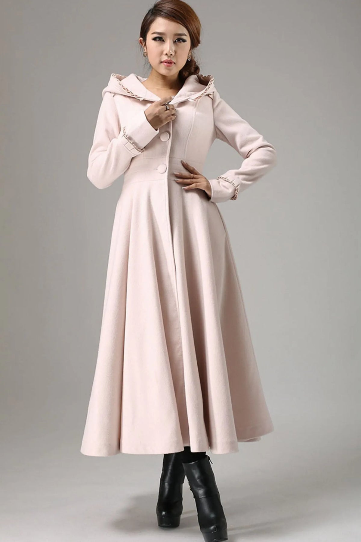 Vintage Pink Wool Blend Coat – Ruffle Hood Long Winter Coat for Women 