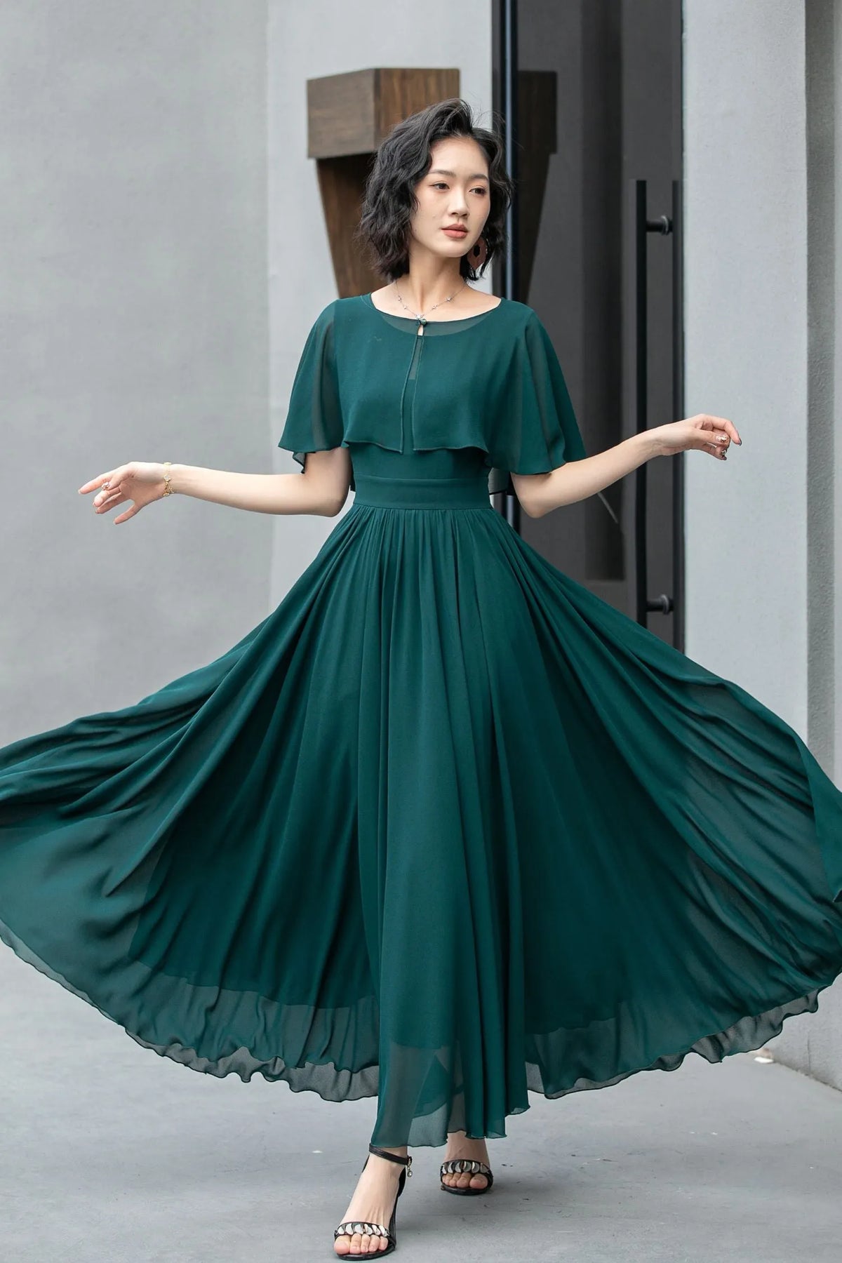 Emerald Green Chiffon Maxi Dress - Fit and Flare with Removable Cape 5861