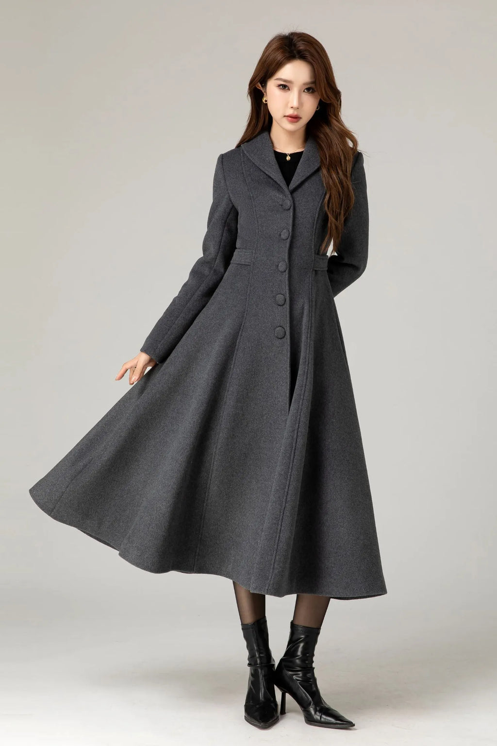 Handmade Charcoal Grey Wool Coat – Vintage Tailored A-line Long Winter Overcoat 