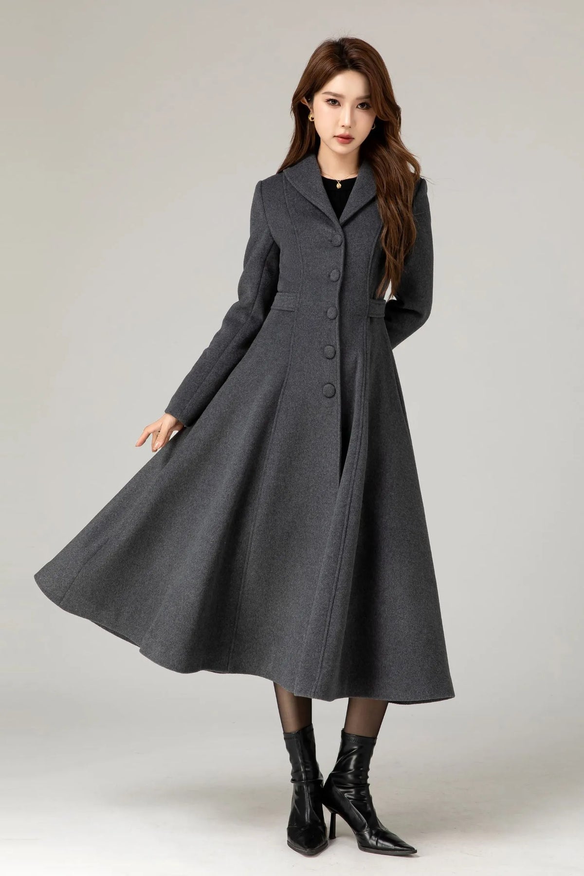 Handmade Charcoal Grey Wool Coat – Vintage Tailored A-line Long Winter Overcoat 