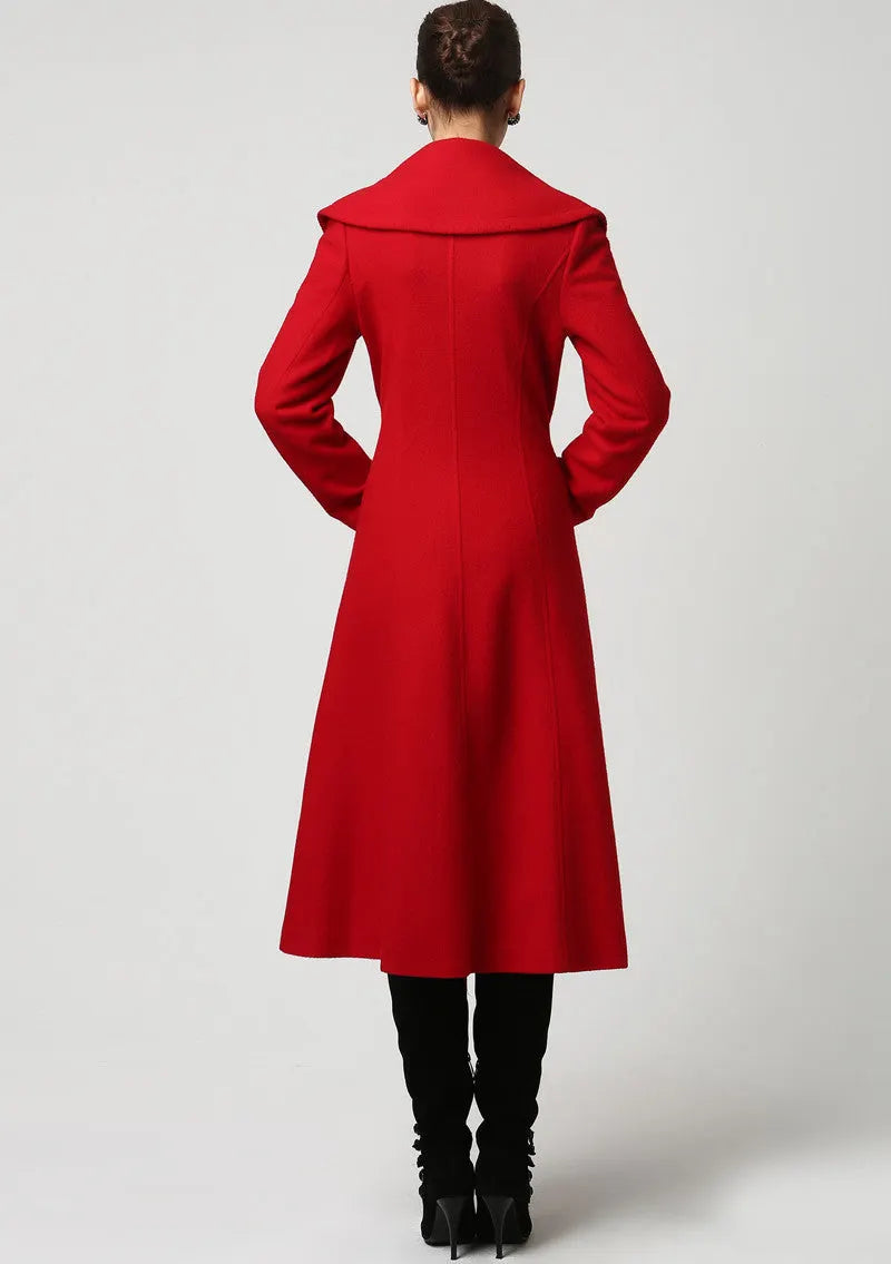 Red Wool Midi Coat – Double Breasted Winter Coat with Shawl Collar 1116