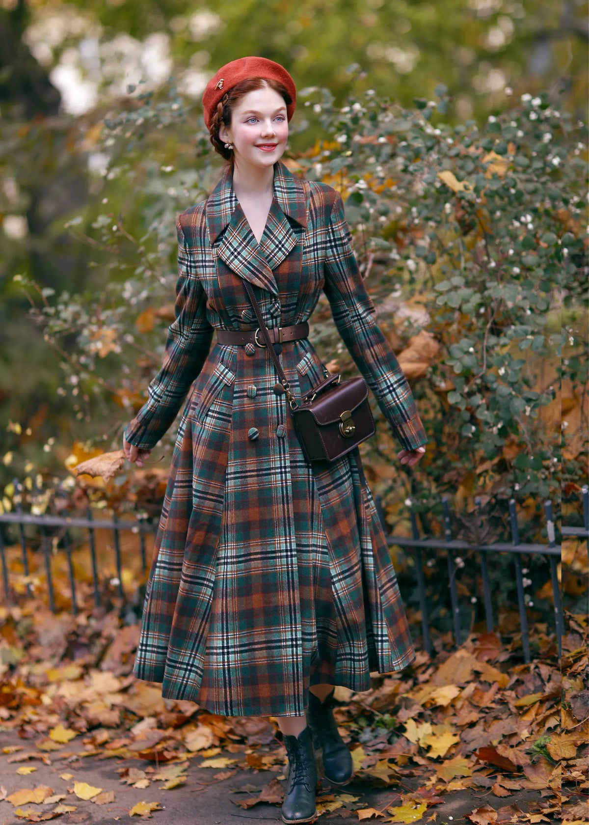 Plaid Wool Coat - Fit-and-Flare Double-Breasted Long Overcoat 4730