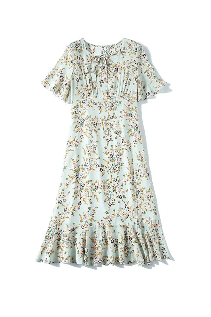 100 Mulberry Silk Short Sleeve Floral Midi Dress