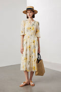 100 Mulberry Silk Floral Balloon-Sleeve Keyhole Tiered Midi Dress