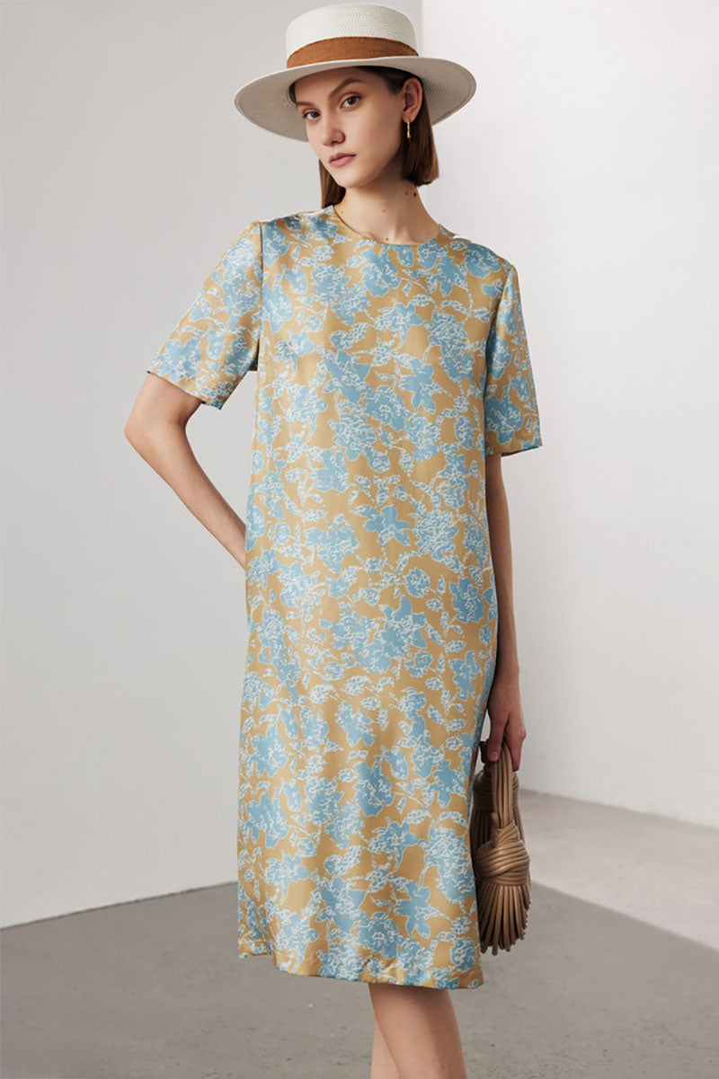 100 Mulberry Silk Floral Short-Sleeve Crewneck Midi T-Shirt Dress with Pockets