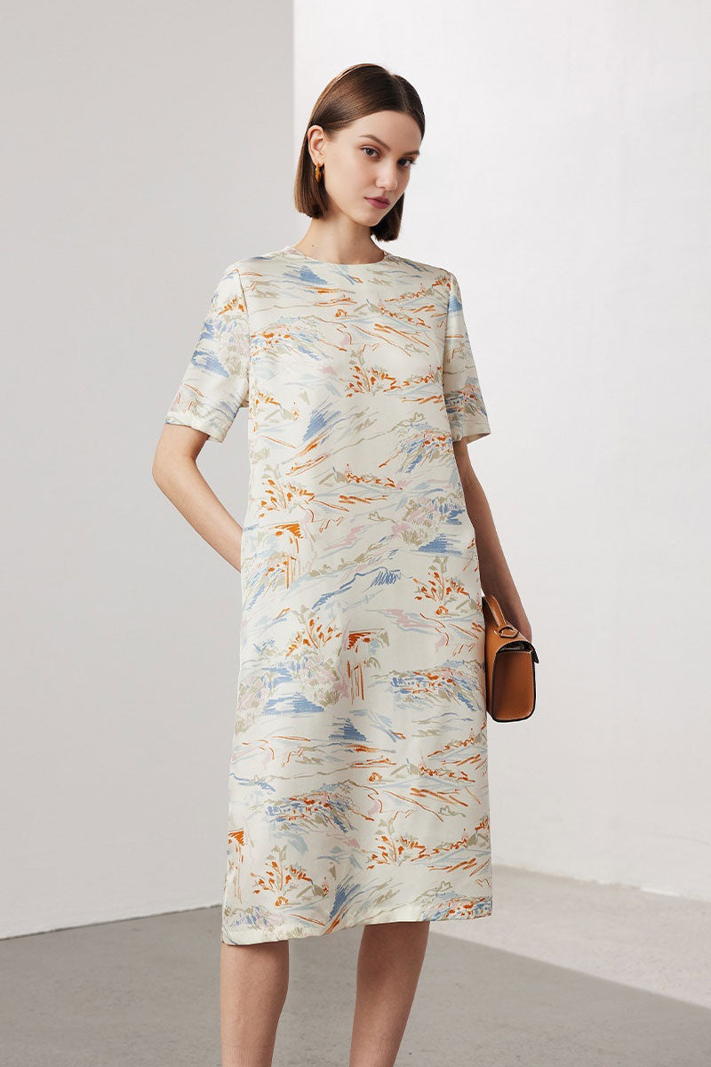 100 Mulberry Silk Floral Short-Sleeve Crewneck Midi T-Shirt Dress with Pockets
