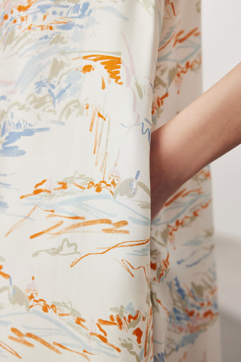 100 Mulberry Silk Floral Short-Sleeve Crewneck Midi T-Shirt Dress with Pockets