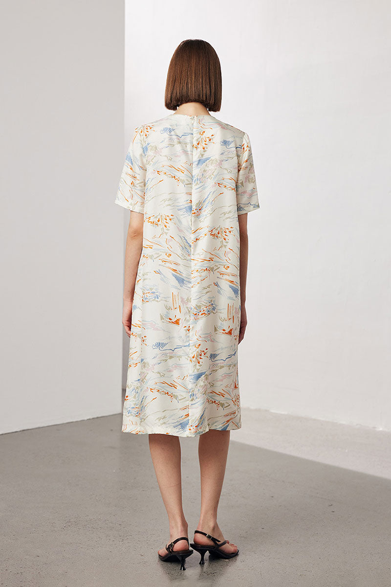 100 Mulberry Silk Floral Short-Sleeve Crewneck Midi T-Shirt Dress with Pockets
