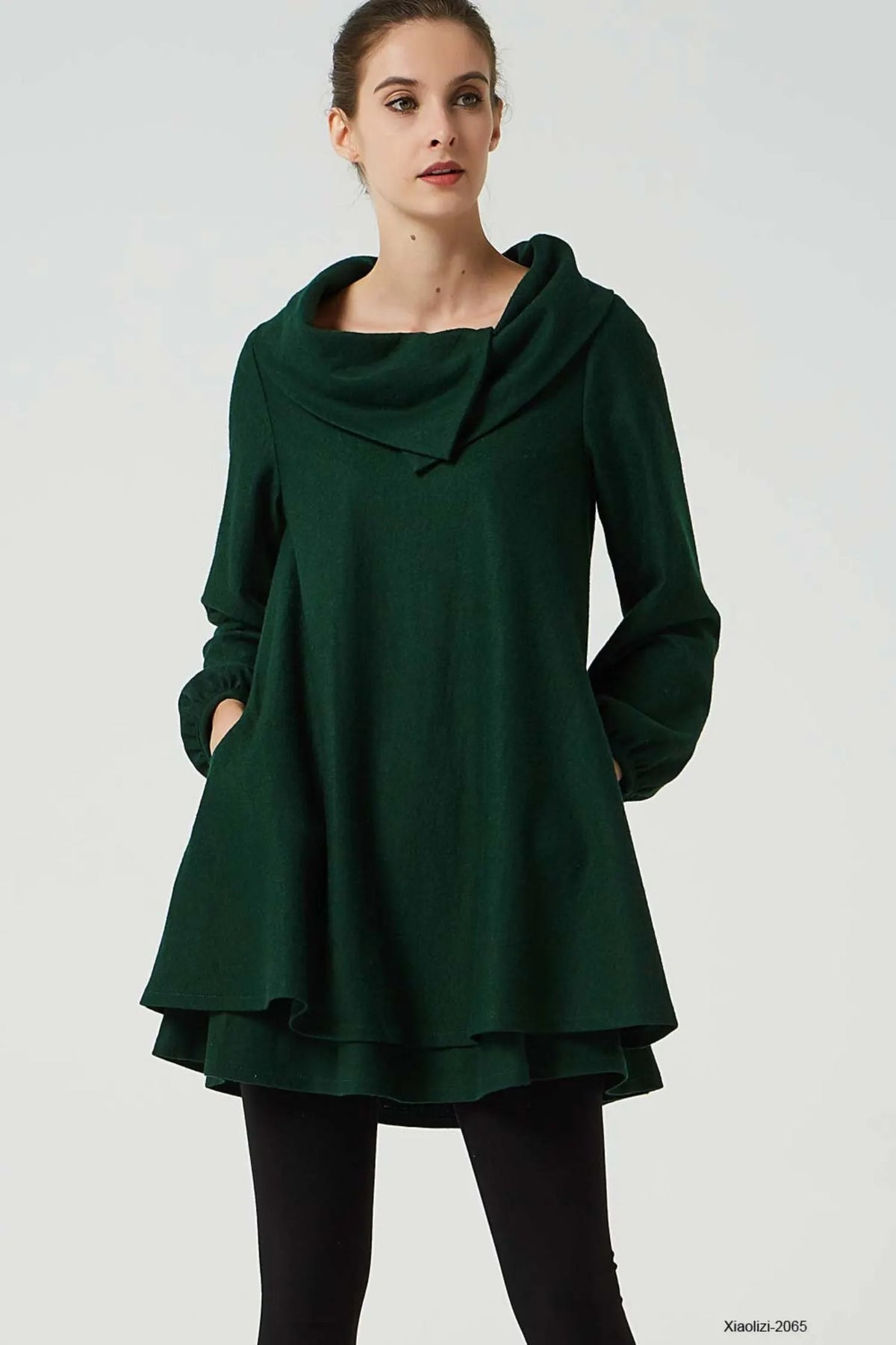 Army Green Wool Tunic Dress - Draped Cowl Neck & Layered Hem 2065