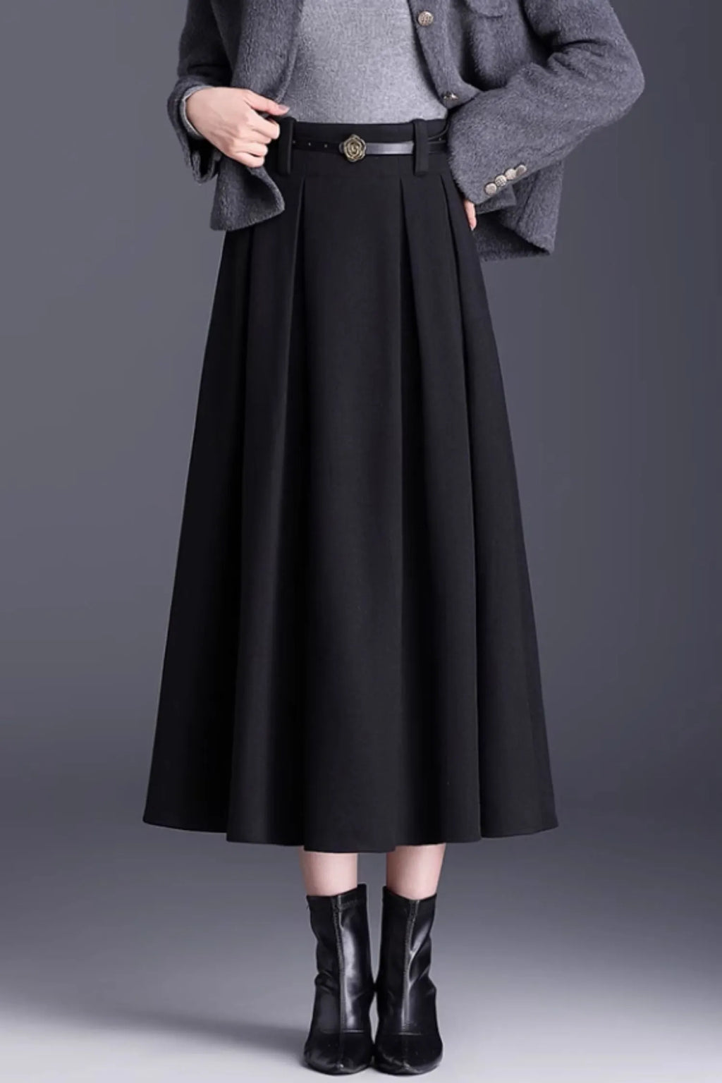 Brown Wool A-Line Midi Skirt - Pleated Elegant Silhouette 6137