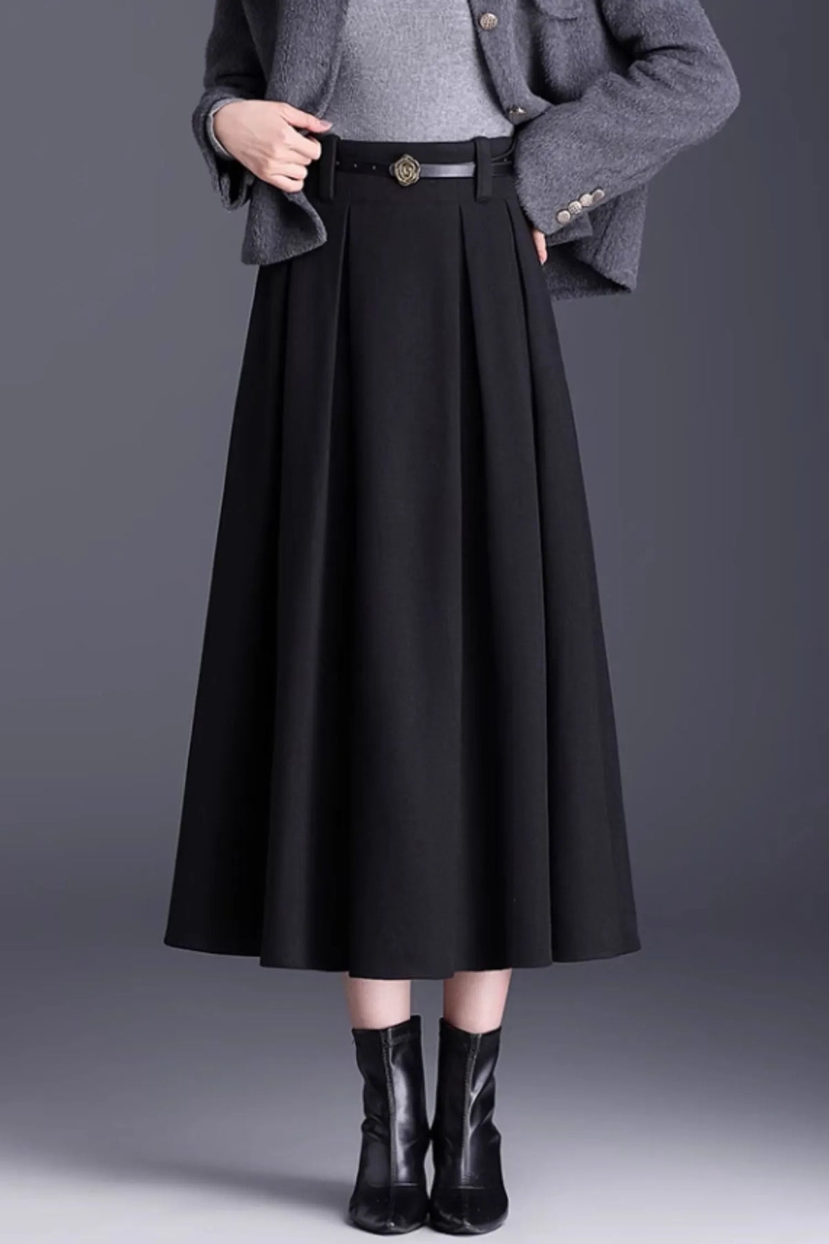 Brown Wool A-Line Midi Skirt - Pleated Elegant Silhouette 6137