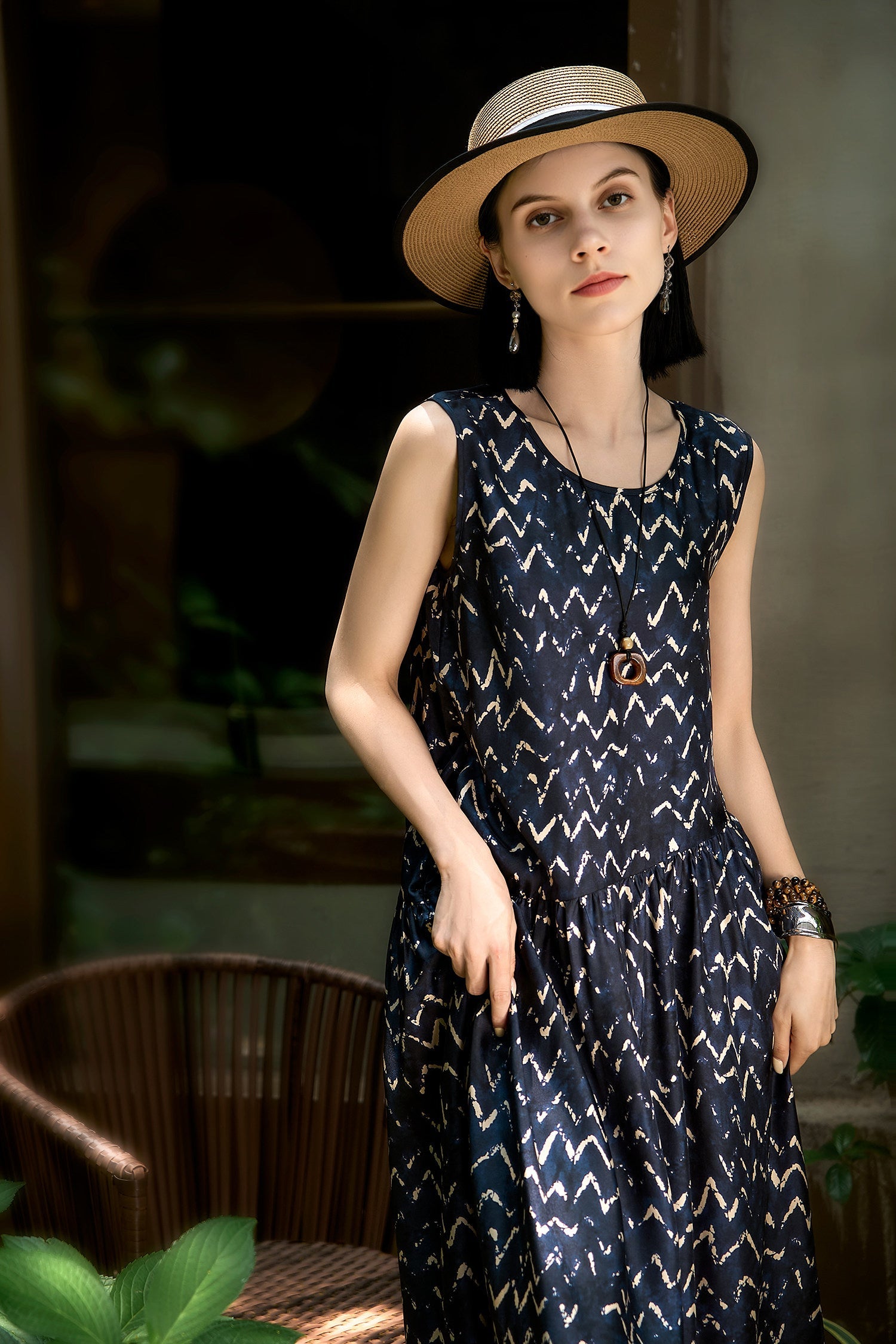 100% Silk Twill Printed Trapeze Midi Dress
