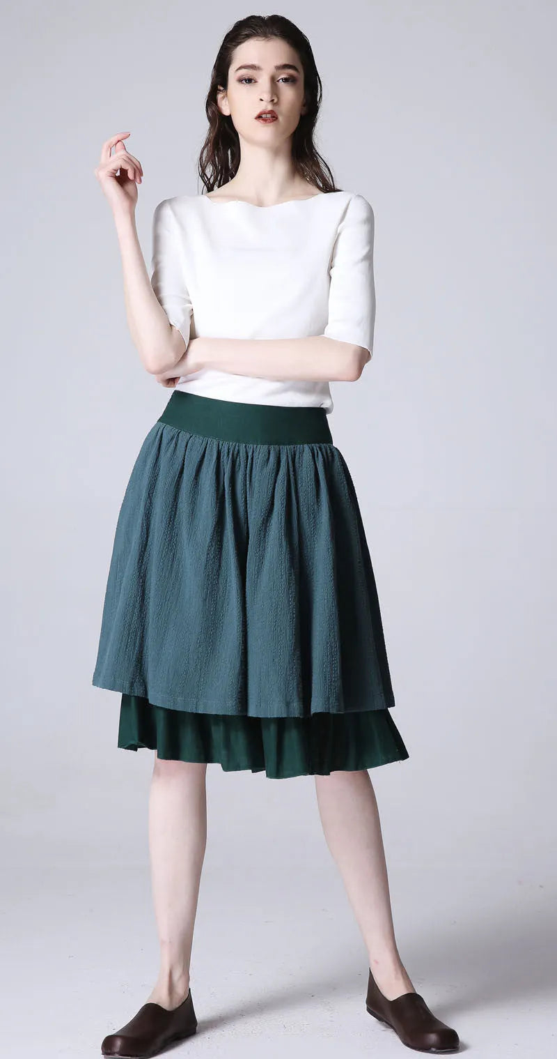 Green Linen Midi Skirt - Flared Silhouette with Layered Hem 1189