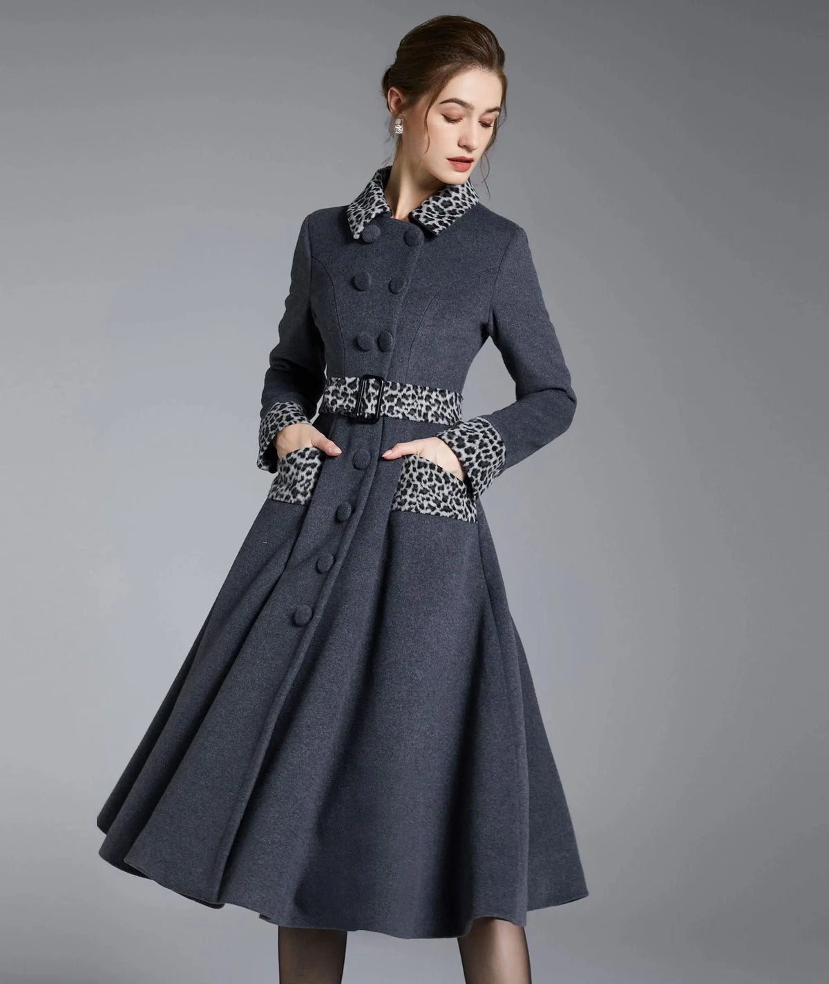 Gray Wool Midi Swing Coat - Leopard Trim & Belted Fit and Flare 3872