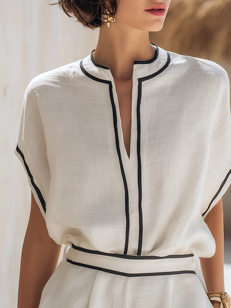 Minimalist Resort Contrasting Black Trim White Tencel Top And Shorts Set