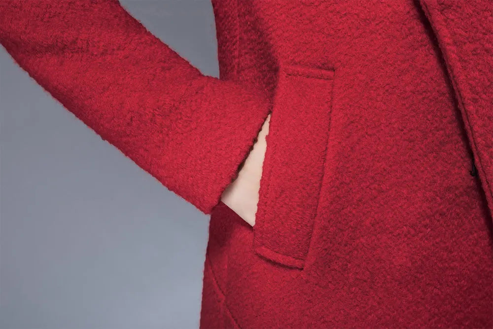 Red Wool Biker Jacket - Short Coat with Oversized Cowl Neck and Hood 1829