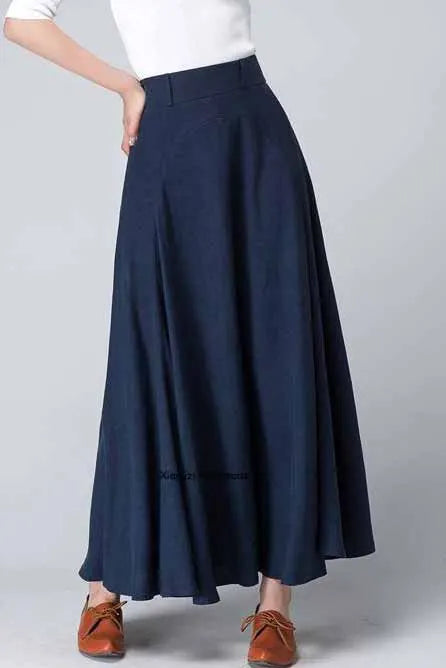 Navy Linen A-Line Maxi Skirt - Flowy High-Waisted Silhouette 1497