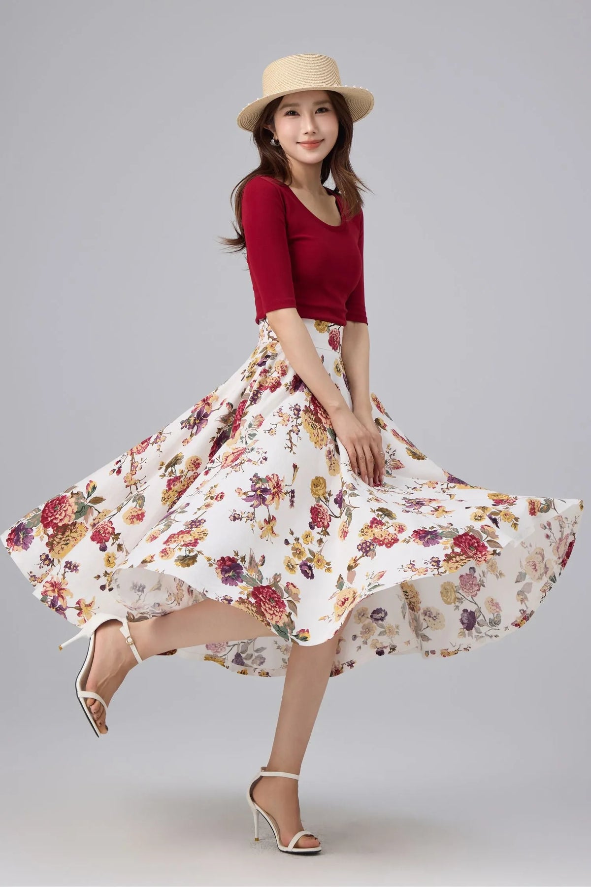 White Floral Cotton Linen Midi Skirt - High Waist, A-line Swing 