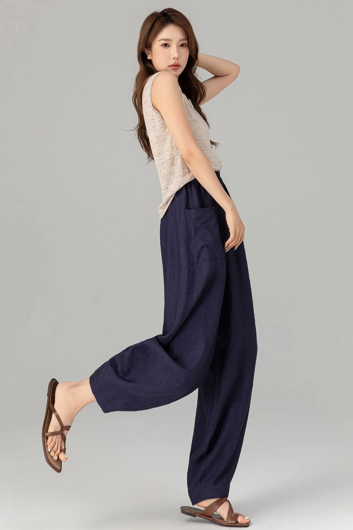 Navy Linen Cotton Wide Leg Pants - Lantern Silhouette with Pockets 4907