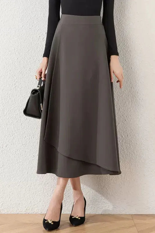 Brown Cotton Blend A-Line Long Skirt - Asymmetrical and High Waist 40