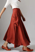 Red Linen Maxi Skirt - Asymmetric Ruffle Hem Pockets 