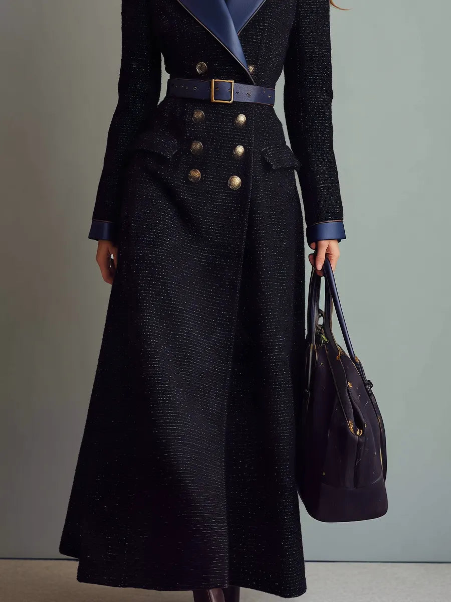 Elegant Navy Belted Double-Breasted Maxi Coat