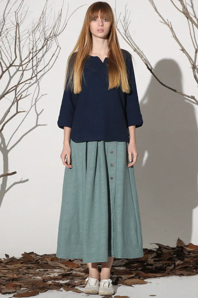 Light Green Linen Skirt – Elastic Waist Maxi Skirt with Front Buttons 