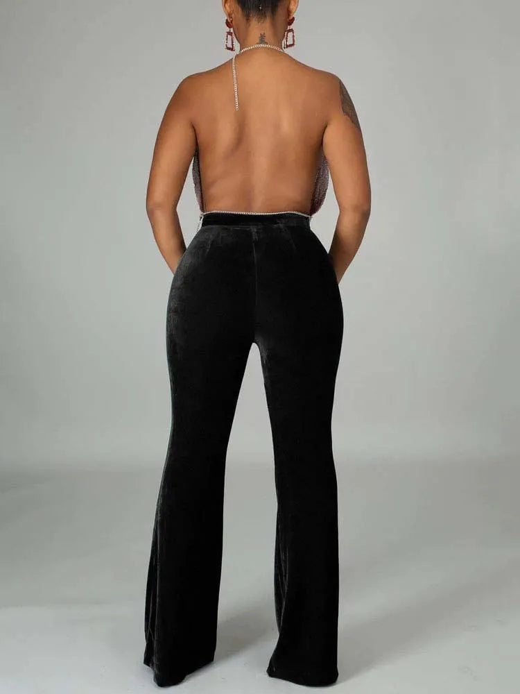 Velvet Velour Flared Bell Bottoms High Waist Pants