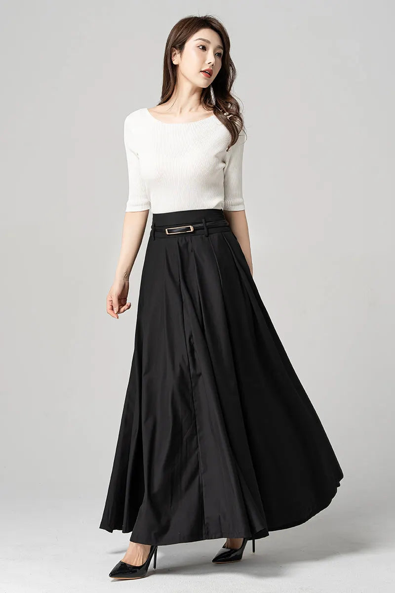 Black Polyester Pleated Maxi Skirt - Flowy Ankle Length 4189
