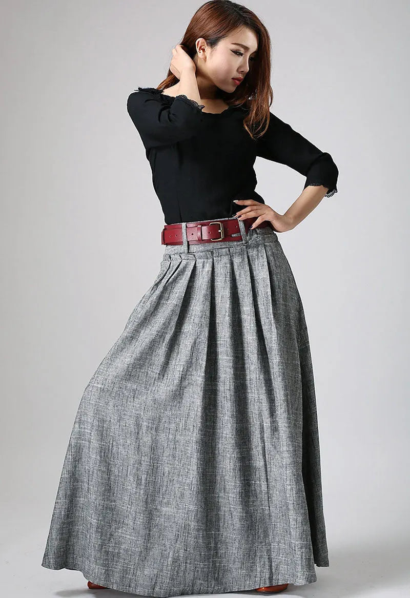 Handmade Gray Linen Maxi Skirt – High Waist Pleated with Pockets 0911