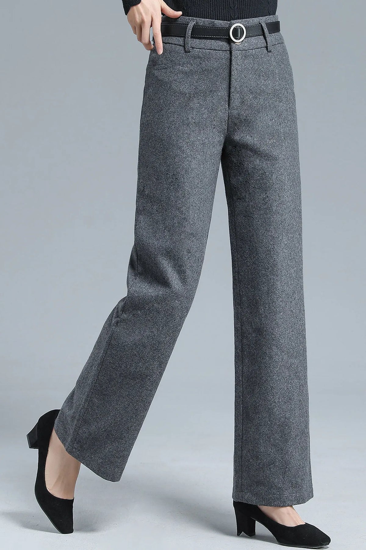 Gray Wool Blend Wide Leg Pants – Vintage High Waist Winter Trousers 3136