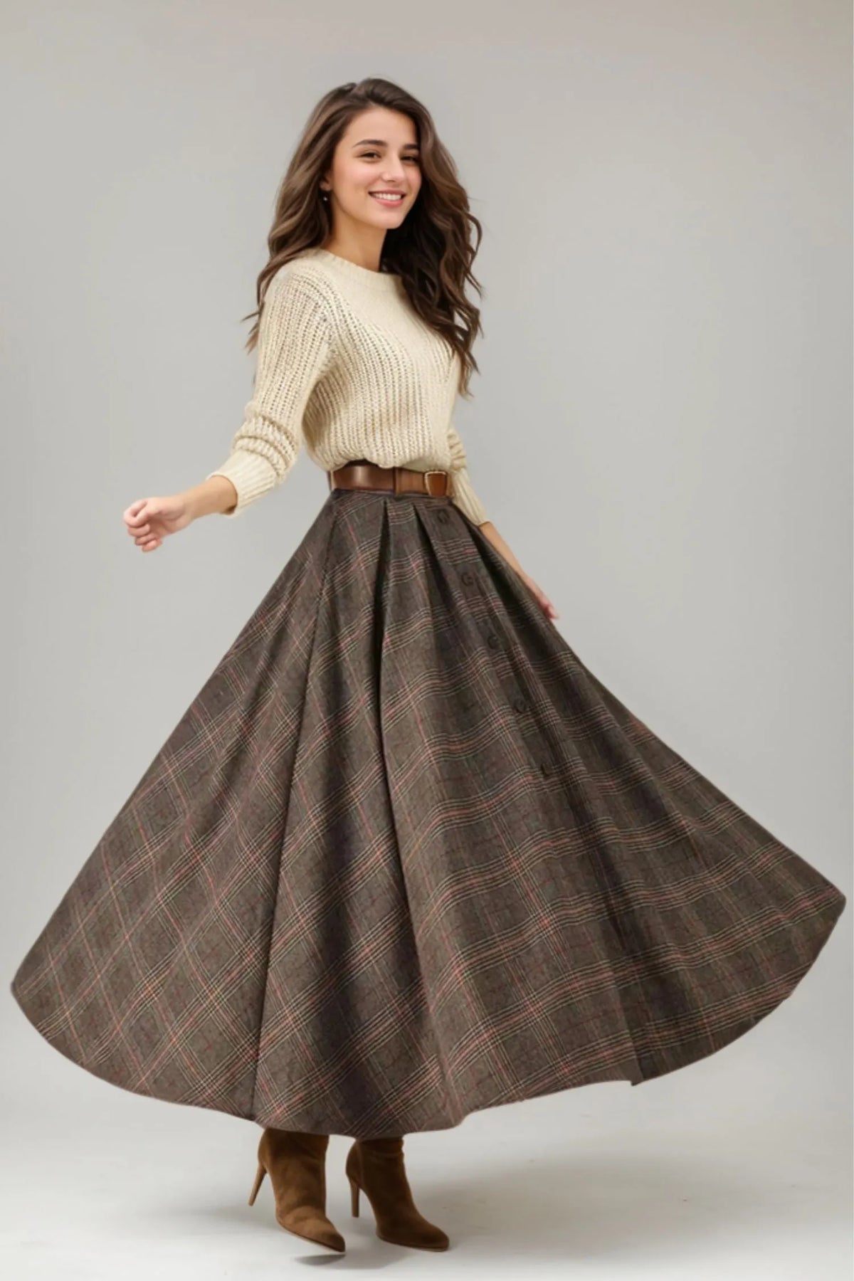 Plaid Wool Maxi Skirt – Handmade Brown Winter Full Skirt with Pockets 