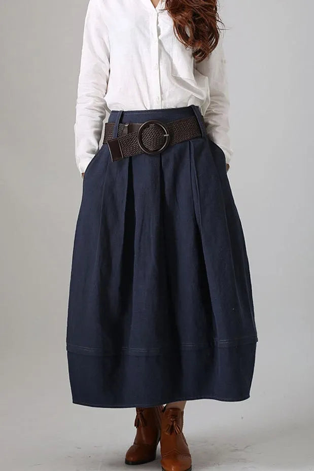 Navy Linen Blend Bubble Skirt - Above Ankle Length with Side Pockets 778