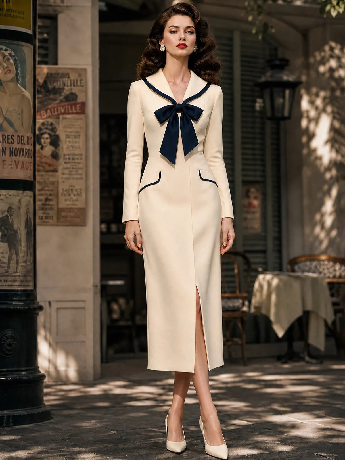 Vintage Cream Navy Bow-Tie Shawl-Collar Bodycon Midi Dress